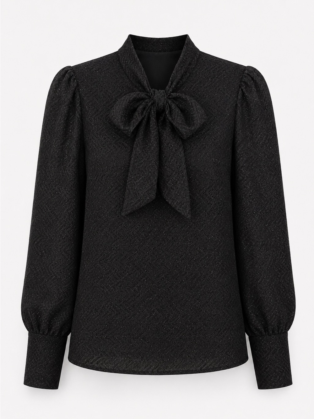 Sparkle Bow-Neck Puff Sleeve Blouse - Black